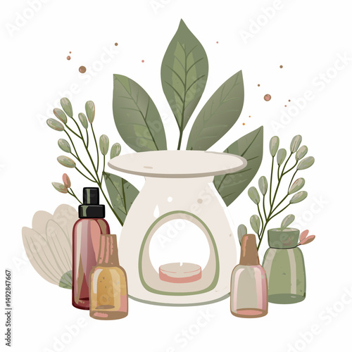 Serene Aromatherapy Scene: Essential Oils and Candle with Botanical Elements for Relaxation and Wellness in Soft Earth Tones