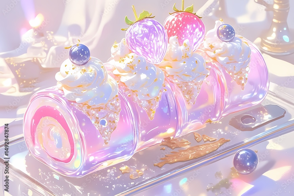 Fototapeta premium Transparent,cake design,strawberry Swiss roll,blueberry toppings,whipped cream,fluffy sponge texture,spiral pattern,sliced roll view,creamy filling,glossy strawberries,plump blueberries,dessert photog