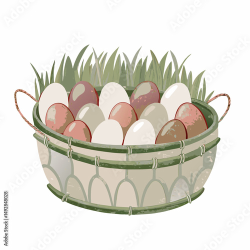 Rustic Basket of Freshly Gathered Farm Eggs Nestled in Grass Illustrating Natural Spring Abundance and Farm-to-Table Simplicity