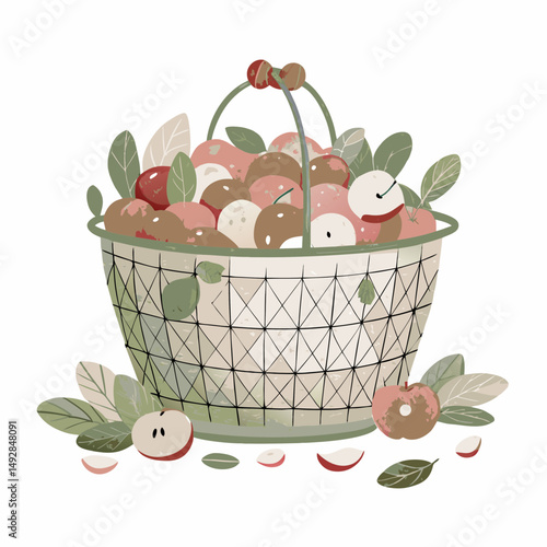 Charming Autumn Harvest Basket Overflowing with Apples and Leaves Invoking a Rustic Farmhouse Aesthetic and Celebrating the Bounty of the Season in Soft Natural Tones