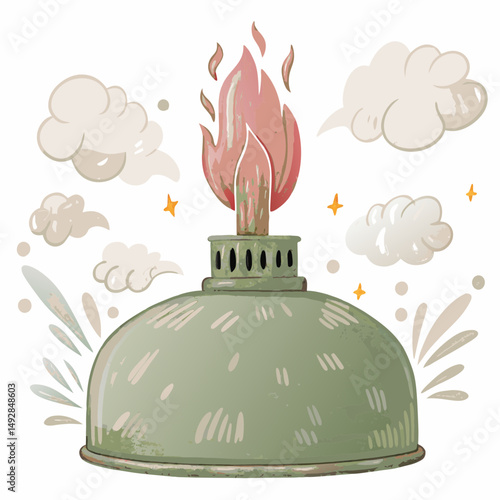A whimsical illustration of a vintage kerosene lamp emitting a lively flame and surrounded by clouds and sparkles, evoking warmth and nostalgia in a dreamlike setting.