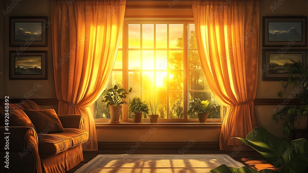 Fototapeta premium Golden light streaming through interior window