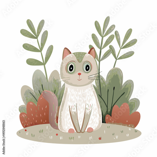 Whimsical Illustration of a Cute Cat Sitting in a Lush Garden, Surrounded by Greenery and Colorful Bushes, Capturing a Playful and Tranquil Nature Scene