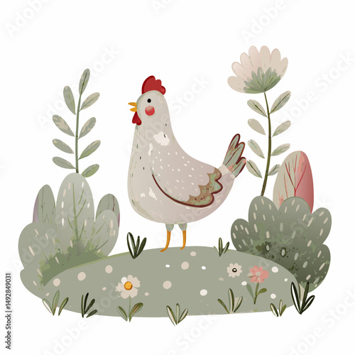 Charming Illustration of a Rooster Standing Amidst Whimsical Plants in a Pastel Garden Setting, Evoking a Tranquil and Playful Countryside Atmosphere