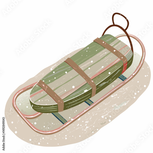 Rustic Wooden Sled on Snowy Ground Captures the Essence of Winter Adventures and Childhood Memories in a Charming Illustration of Traditional Outdoor Fun