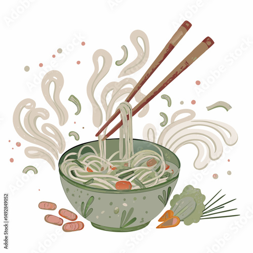 Illustration of steaming noodle bowl with veggies and chopsticks capturing the warmth and aroma of a comforting Asian meal inviting a delightful taste experience