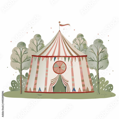 Whimsical Circus Tent in a Forest Setting Evoking Adventure and Childhood Wonder with Striped Colors Among Stylized Trees and Soft Greenery
