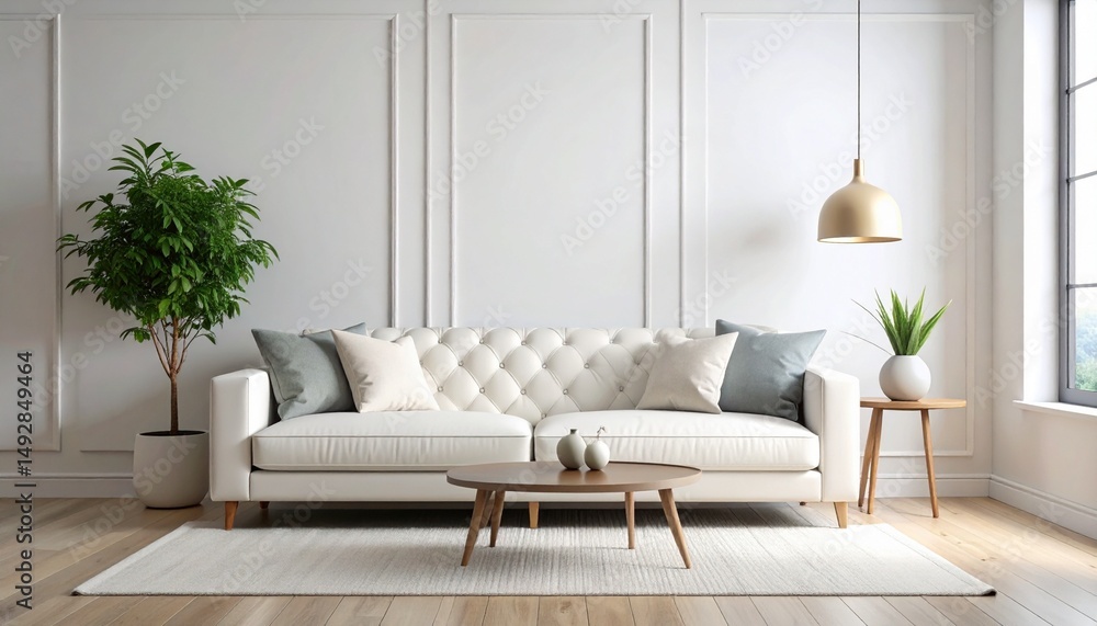 Fototapeta premium modern living room with a white tufted sofa and minimal decor in a cozy well lit space featuring a green plant