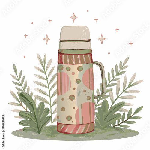A thermos flask with a nature-themed background, symbolizing travel, warm drinks outdoors, reusable insulated containers, and cozy seasonal outings
