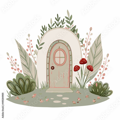 Whimsical Cottage Door Surrounded by Lush Foliage and Red Mushrooms Evoking a Fairy Tale Forest Entrance in a Magical and Enchanting Woodland Scene
