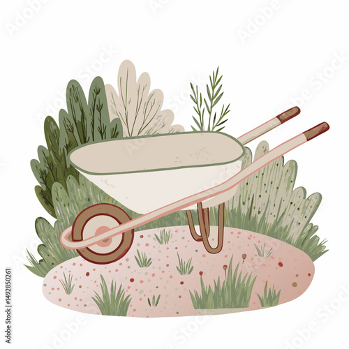 Illustration of a garden wheelbarrow surrounded by lush green foliage and plants, symbolizing gardening, nature, and outdoor cultivation in a serene and peaceful setting.
