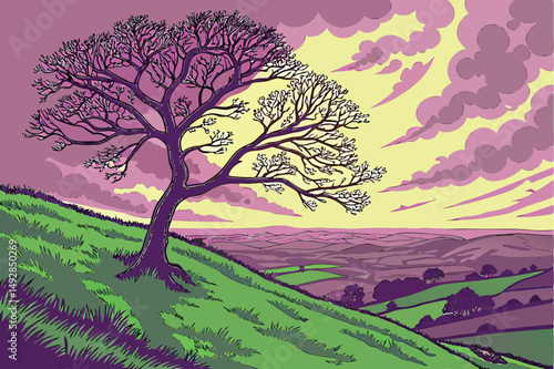 59 a single lone tree on a hill overlooking a valley, dramatic sunset sky, lush green grass, fantastical, surreal, digital art, 8k resolution, vivid colors, cinematic lighting, detailed landscape, dre