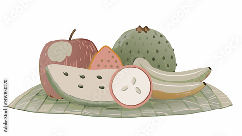Illustration of Tropical Fruits Arrangement on a Banana Leaf Showcasing Papaya, Guava, Custard Apple, and Banana for Freshness and Culinary Adventure in a Vibrant Natural Setting