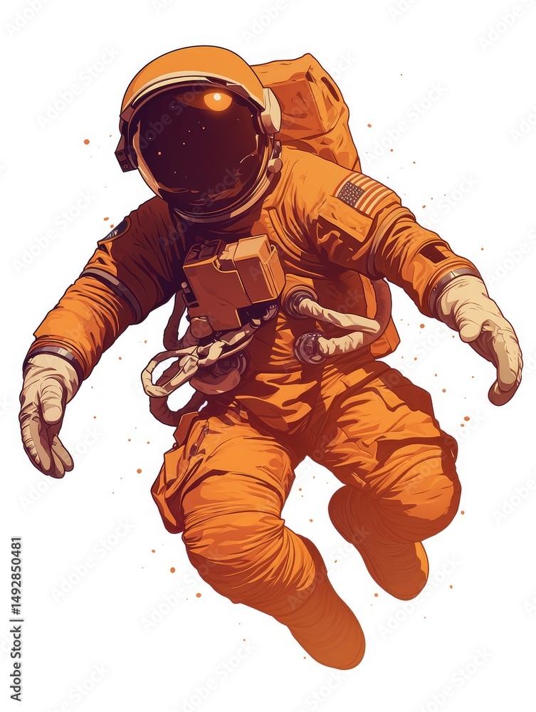 Fototapeta premium Orange spacesuit astronaut in mid-flight illustration.