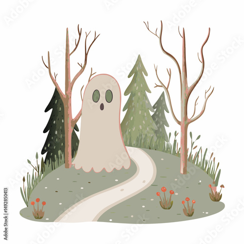 A whimsical woodland scene featuring a playful ghost with wide eyes, surrounded by leafless and evergreen trees on a winding path, evoking a sense of mystery and enchantment.