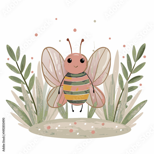 Adorable cartoon bee with pastel stripes cheerfully hovering among soft green foliage and dots, evoking a sense of whimsy and playful nature.