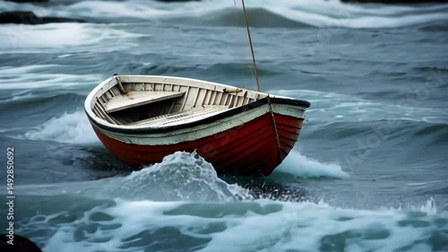 small rowboat adrift on choppy ocean waves during stormy weather, nautical vessel,  daylight