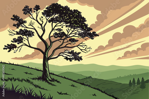 59 a single lone tree on a hill overlooking a valley, dramatic sunset sky, lush green grass, fantastical, surreal, digital art, 8k resolution, vivid colors, cinematic lighting, detailed landscape, dre