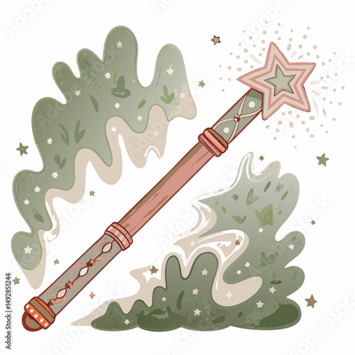 Magical Star Wand Surrounded by Sparkling Green Mist and Swirling Stars Capturing Enchantment and Wonder in a Whimsical Fantasy Illustration
