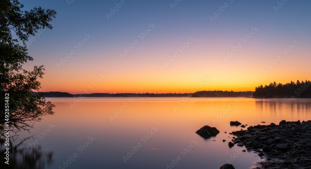 Obraz premium Serene Sunrise over Calm Lake with Silhouetted Trees and Rocks