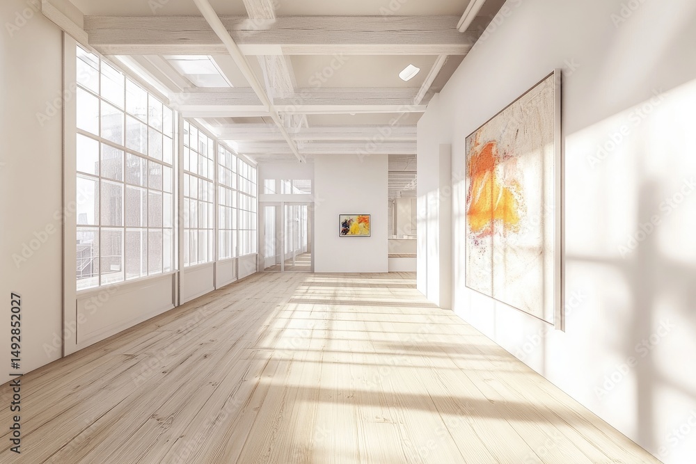 Fototapeta premium Sunlit minimalist gallery with high ceilings, large windows, light wood floors, and abstract artwork on white walls