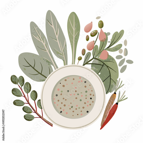 A vibrant illustration of a bowl of soup surrounded by an array of fresh herbs, leafy greens, and colorful vegetables, symbolizing wholesome and organic culinary delights.