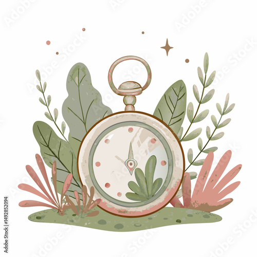 Vintage Pocket Watch Surrounded by Lush Greenery and Abstract Shapes Symbolizing the Passage of Time in Harmony with Nature's Serenity