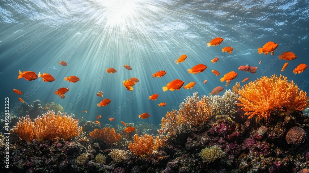 Fototapeta premium Vibrant coral reef teeming with orange fish under sunlit water