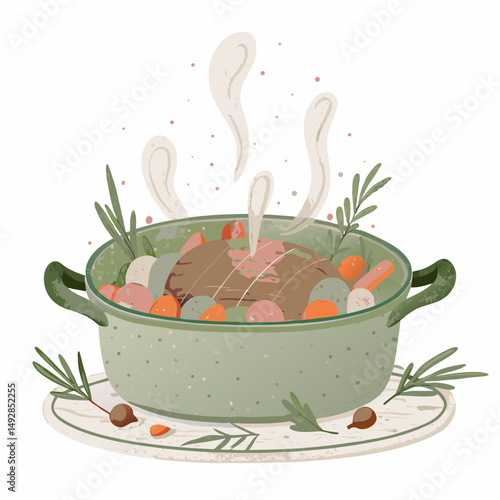 Hearty Homemade Stew Simmering in a Rustic Pot with Fresh Vegetables and Aromatic Herbs, Evoking Comfort and Warmth in a Cozy Kitchen Setting