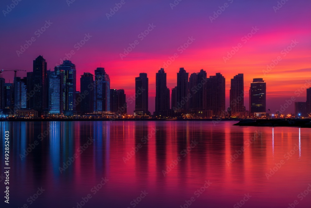 Fototapeta premium Skyline at Dusk in Dubai United Arab Emirates Reflecting in Water Low Angle Shot Cityscape View