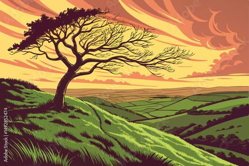 59 a single lone tree on a hill overlooking a valley, dramatic sunset sky, lush green grass, fantastical, surreal, digital art, 8k resolution, vivid colors, cinematic lighting, detailed landscape, dre