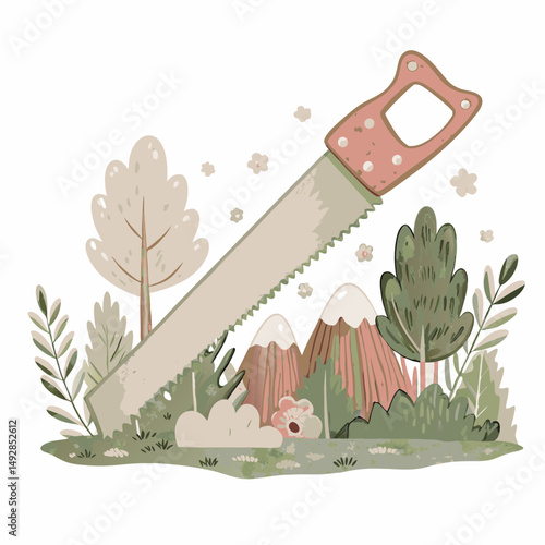 Giant Hand Saw Embedded in a Serene Forest Landscape Symbolizing Human Impact on Nature Conservation and Environmental Awareness Illustrated in Earthy Tones