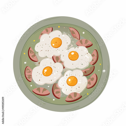 A vibrant illustration of a breakfast plate featuring sunny-side-up eggs and tomato slices, representing a fresh and appetizing morning meal with a touch of artistic flair.