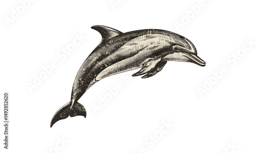 Vintage Dolphin Swimming Engraving, Monochrome Marine Mammal Line Art, Ocean Creature Etching, Rustic Nautical Animal Print, Detailed Wildlife Drawing