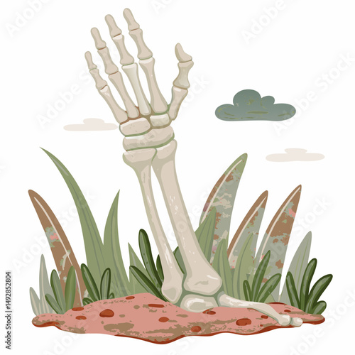 A skeletal hand emerges from the earth amidst tall grass and clouds, symbolizing resurrection or rebirth in a serene yet eerie natural setting.