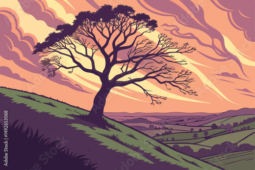 59 a single lone tree on a hill overlooking a valley, dramatic sunset sky, lush green grass, fantastical, surreal, digital art, 8k resolution, vivid colors, cinematic lighting, detailed landscape, dre
