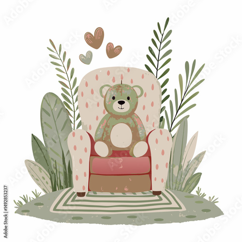 Cozy Woodland-Inspired Nursery Scene with Plush Bear on Armchair Surrounded by Lush Greenery and Textured Hearts in Gentle Earthy Tones