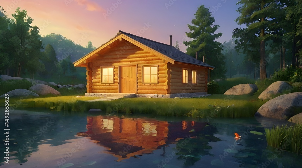 Fototapeta premium Rustic Cabin at Twilight. A cozy log cabin is nestled among tall pine trees, illuminated warmly from within as twilight descends. A serene pond in the foreground mirrors the cabin and trees