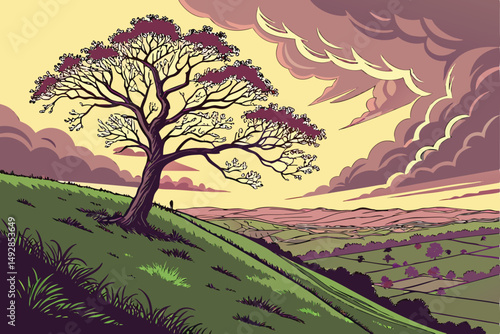 59 a single lone tree on a hill overlooking a valley, dramatic sunset sky, lush green grass, fantastical, surreal, digital art, 8k resolution, vivid colors, cinematic lighting, detailed landscape, dre