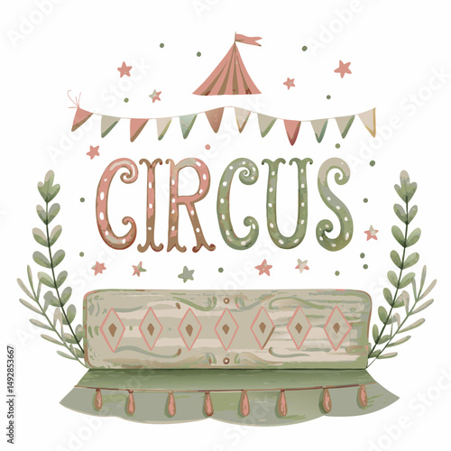 Whimsical Vintage Circus Illustration with Festive Tent and Wooden Platform Encircled by Stars and Leaves in Soft Pastels
