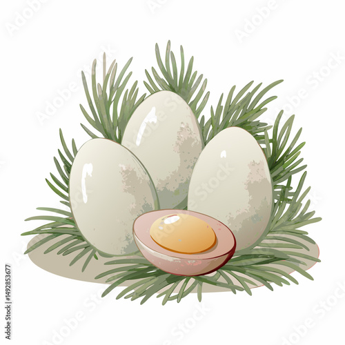 A cozy nest of three pale dinosaur eggs rests among green pine needles with one cracked open to reveal a soft yolk, symbolizing ancient life and prehistoric beginnings.