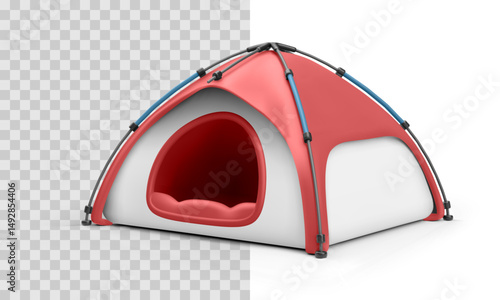 Camping Tent Icon With Red Canopy And Blue Poles, Ideal For Outdoor, Travel, Adventure, And Summer Vacation Design Projects. High Quality 3D Graphic. Vector Illustration.