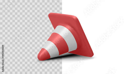 3d Traffic Safety Cone Lying on Side with Red and White Stripes for Caution or Road Construction Warning. Vector Illustration.