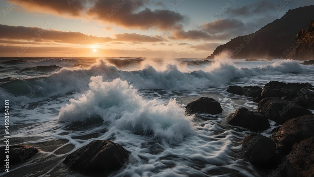 Obraz premium Captivating summer sunset over crashing waves along a rocky shore with vibrant clouds and gentle ocean breeze enhancing the coastal beauty Generative AI