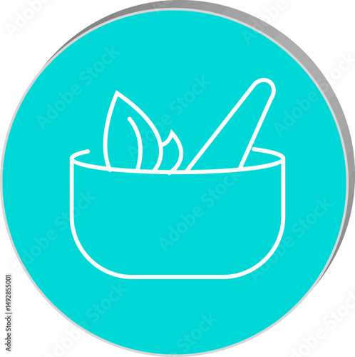 "Herbal medicine icon showing a mortar and pestle with leaves, symbolizing natural remedies and organic health products, transparent background."