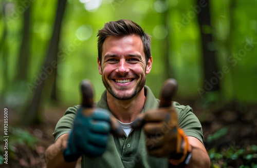 Male volunteer in the forest. Happy forester. Male searcher in the forest. Portrait of a man on a hike.