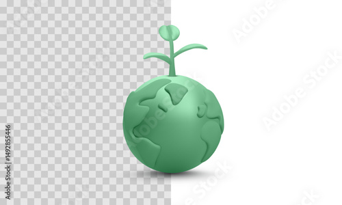 Green Earth Globe With Sprouting Plant. Eco Friendly Concept Of Sustainability, Nature Protection, And Planet Care. Realistic Cartoon Style. Vector Illustration.