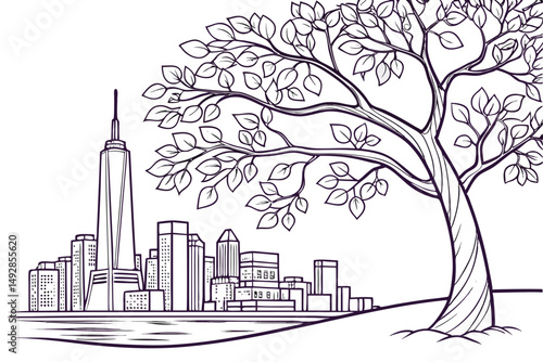 60 detailed, high quality, 3d illustration, architectural tree, city skyline, skyscrapers, buildings, leaves, branches, organic, volumetric, vibrant colors, clean lines, minimalist style