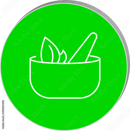 "Herbal medicine icon showing a mortar and pestle with leaves, symbolizing natural remedies and organic health products, transparent background."