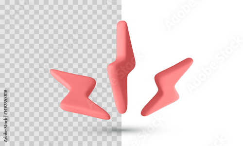 Pink Lightning Bolt Shapes In 3D Minimal Style, Energy Power Symbol For Electricity, Speed, Or Alert Concepts. Isolated Bright Design Element. Vector Illustration.